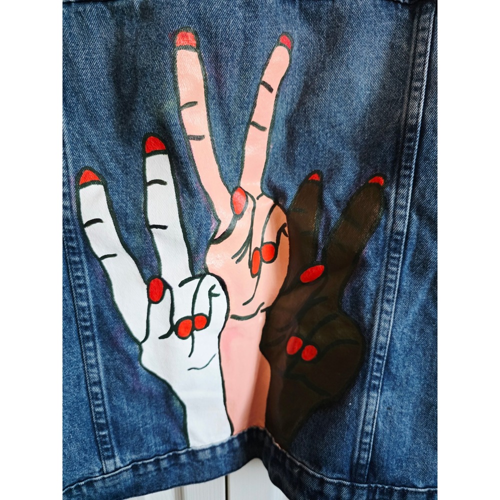 Michael‎ Kors Denim Jacket Women's XL Blue Jean Art Painted Peace Hands MK Logo - Picture 3 of 10